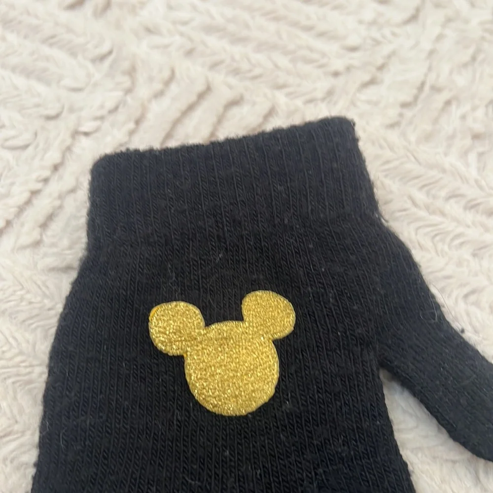 Black stretch knit gloves with gold color embroidered Mickey Mouse One size